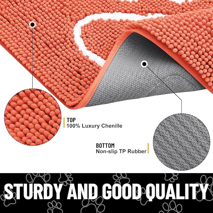 Smiry Dog Door Mat for Muddy Paws, Absorbent Dirt Trapper Non Slip Quick Dry Washable Chenille Mat for Mud Dogs, Entry Rug for Indoor and Outdoor (36x24 Inches, Coral and White)