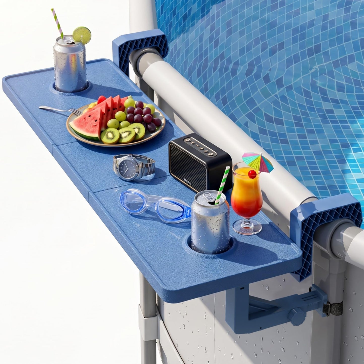 Pooljoyo Poolside Bar For Above Ground Pool, Outdoor Pool Bar Table for Above-Ground Round Pool,40.5in Length Adjustable Poolside Table Pool Shelf with Pool Drink Holder, Above Ground Pool Accessories