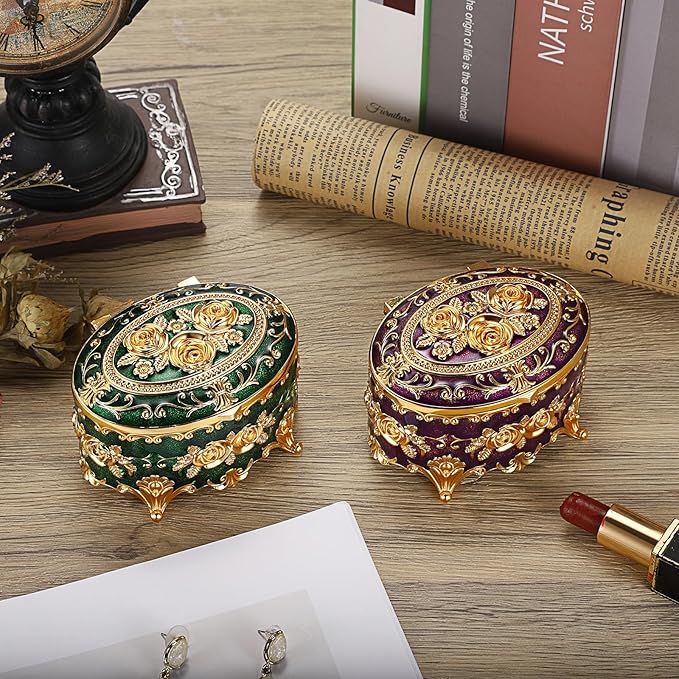 Hipiwe Vintage Oval Jewelry Storage Box Metal Trinket Organizer Purple Treasure Chest Box for Earring Necklace Ring Holder Gift for Women