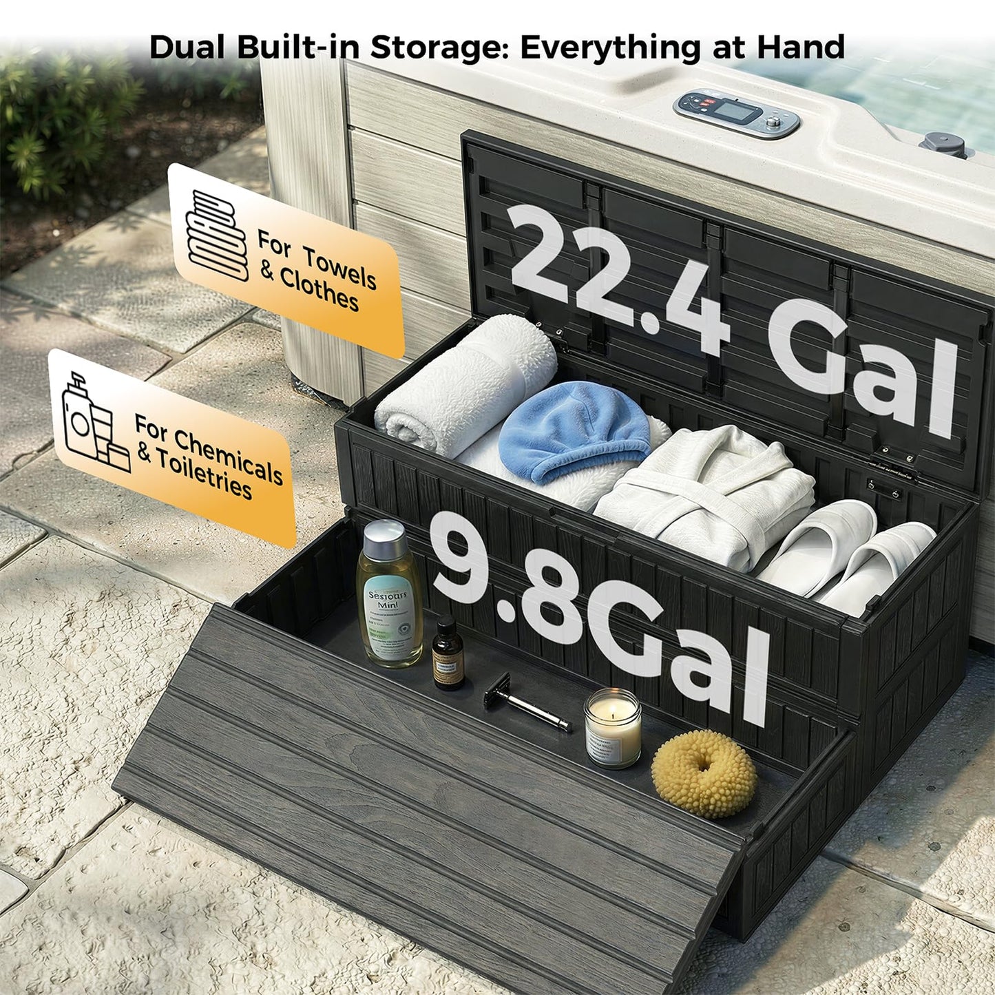 CAMMOO Hot Tub Steps - Double-Decker Large Storage & Snap-Together Assembly, Fully Sealed Spa Steps with Non-Slip Wider Step, Hot Tub Stairs, Outdoor/Indoor, Black
