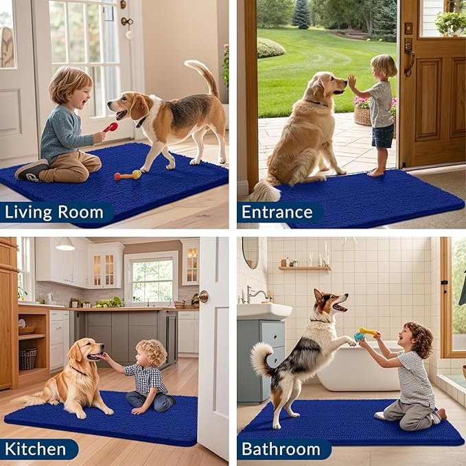 Smiry Dog Door Mat for Muddy Paws 24x16, Absorbs Moisture and Dirt Doormat, Non-Slip Washable Quick Dry Chenille Front Door Mat Indoor Entrance, Entryway Carpet for Inside Floor, Royal Blue