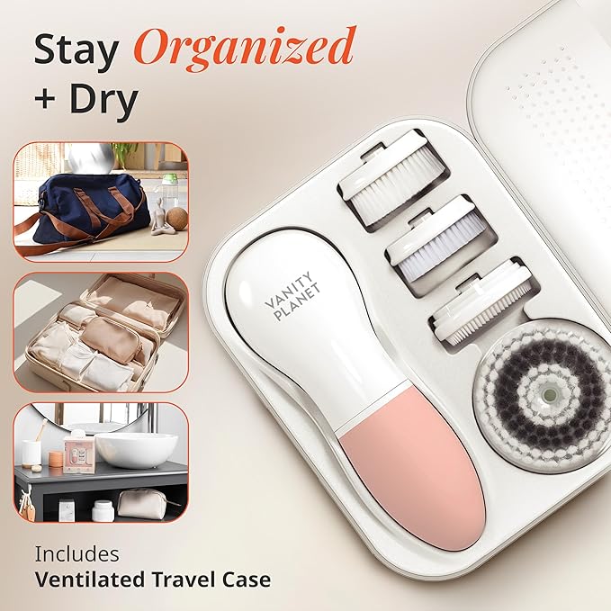 Vanity Planet Raedia Facial Cleansing Brush - Electric Facial Cleansing Brush with 4 Exfoliating Brush Heads - Waterproof, Handheld, Lightweight for Face Scrubber and Exfoliating Face - Dusty Pink