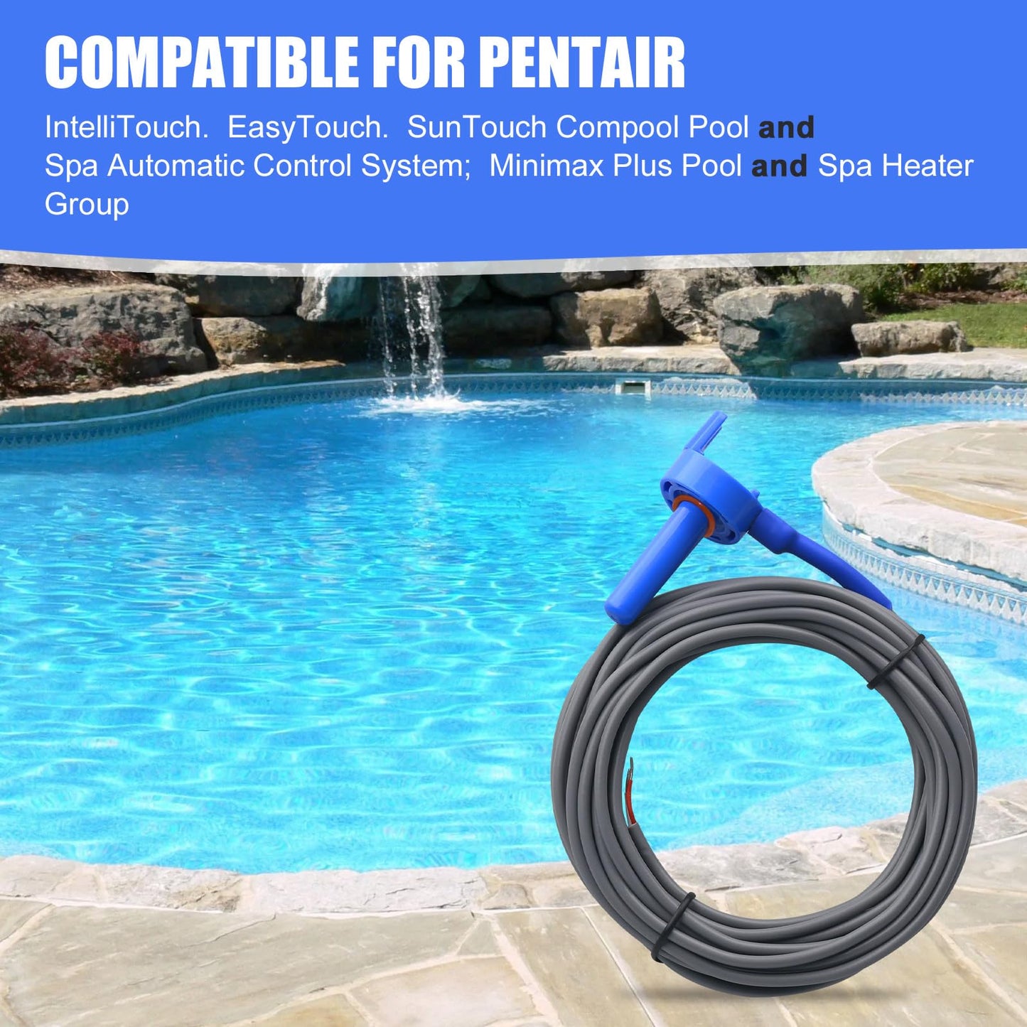 2 Pack 520272 Pool 7790 Temperature Sensor Thermistor Air/Water/Solar 20' Feet Cable for Jandy - Replacement Pool/Spa (10K-ohm Sensor - Includes 2 Pcs 2" Pipe Clamp)