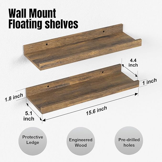 Boswillon Floating Shelves for Wall, Wall Mounted Shelves Set of 2, Rustic Shelves with Lip, Display Picture Ledge Shelf for Wall Decor Living Room Bathroom Kitchen - Brown