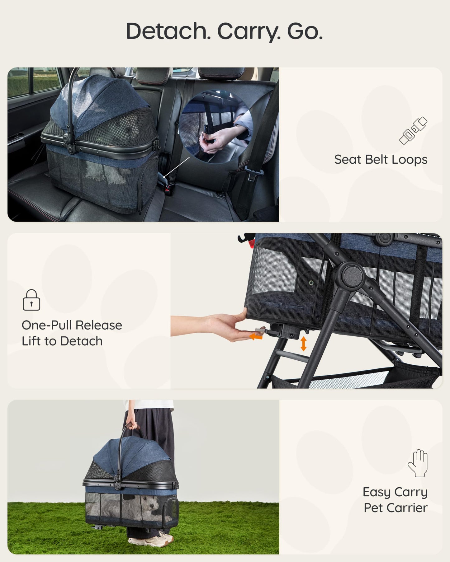 OJCME 3 in 1 Pet Carrier Stroller with Detachable Carrier, Foldable Dog & Cat Stroller for Small/Medium Dogs up to 33 lbs, Large Storage Bag, Full Window Mesh, One-Touch Dual Brake, Car Seat