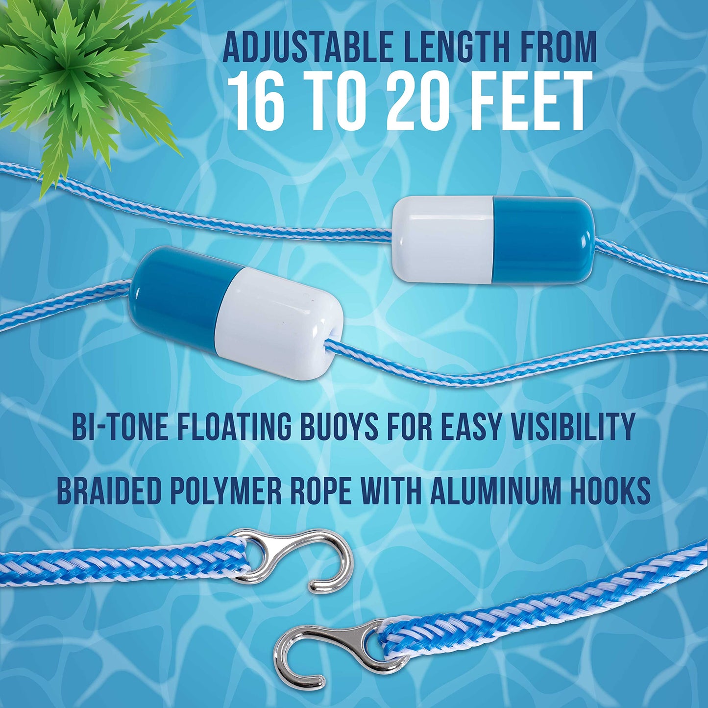 U.S. Pool Supply Pool Rope Floats To Divide Pool - Adjustable 16 to 20 Feet Safety Rope with Floating Buoys - Inground Swimming Shallow and Deep End Divider Barrier - Braided Polymer with Anchor Hooks