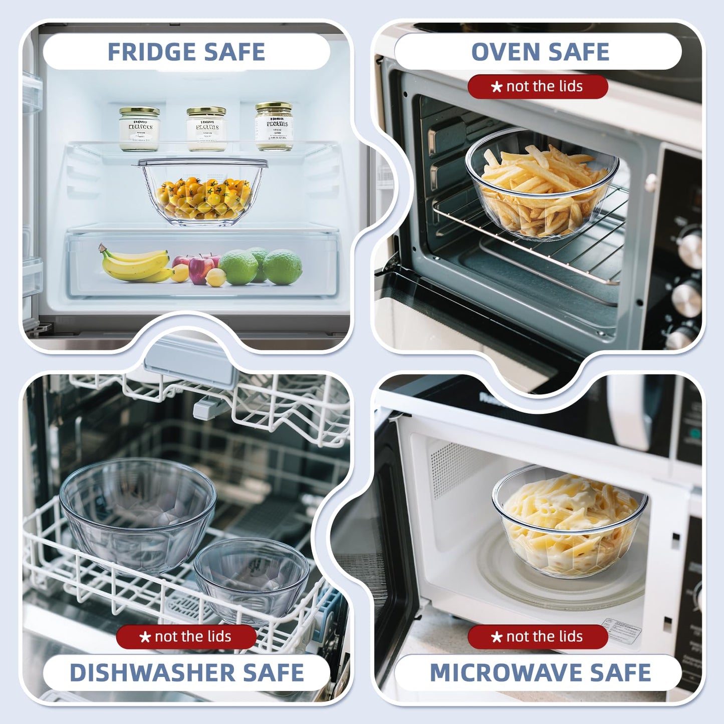 WhiteRhino Glass Mixing Bowls with Lids Set of 5（4.70QT,2.85QT, 1.69QT,1.11QT,0.85QT,Glass Bowls with Lids,Large Salad Bowls Space-Saving Nesting for Cooking,Baking,Prepping,Dishwasher Safe