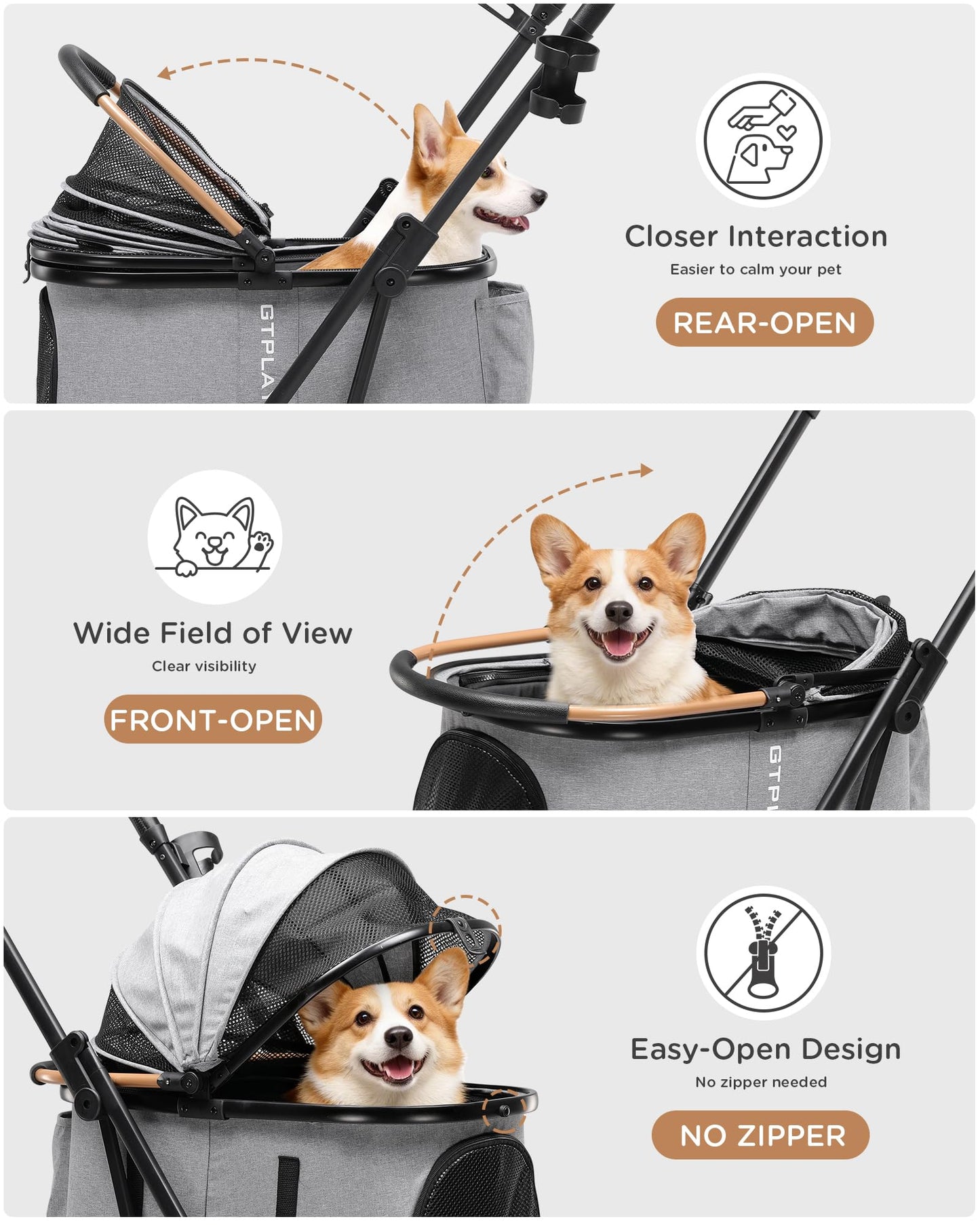 GTPLAYER Pet Stroller for Small Dogs and Cats, One-Click Foldable, Detachable Carrier, Breathable Mesh, 45 lbs Capacity, 2 Safety Leashes, Storage Basket & Cup Holder, Grey