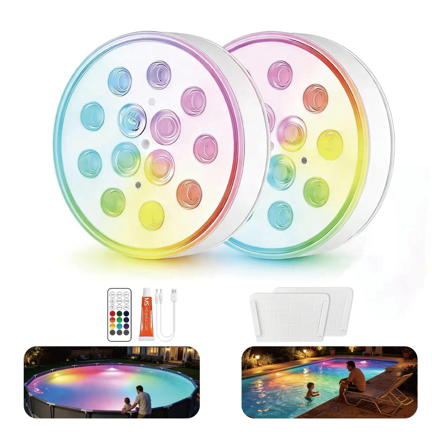 Upgraded Magnetic Pool Lights for Above ground and inground pool, Rechargeable Underwater RGB 16 Colors Submersible LED Lights with Remote & Timer Off, for Hot Tubs, Fountains, Party, Vase - 2 Pack