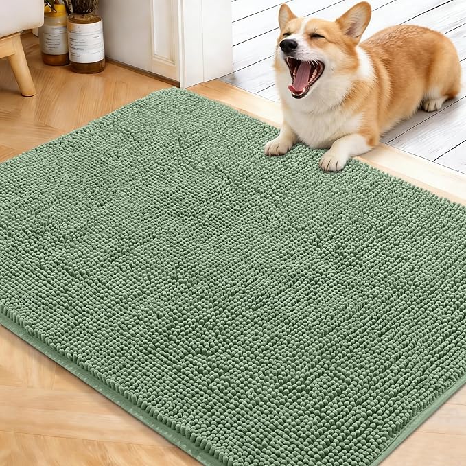 OLANLY Dog Door Mat for Muddy Paws 40x32, Absorbs Moisture and Dirt, Absorbent Non-Slip Washable Doormat, Quick Dry Chenille Mud Mat, Entry Indoor Entryway Carpet for Inside Floor, Olive Green
