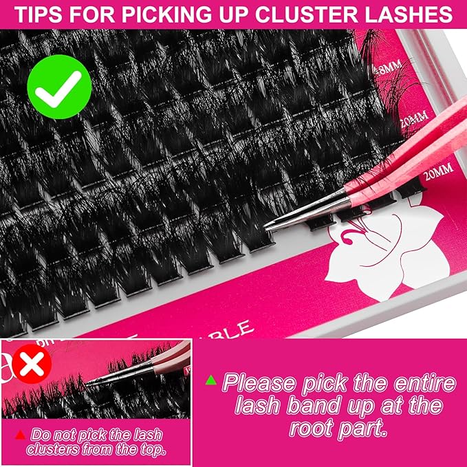 Fowendia Lash Clusters Kit Fluffy 200D Individual Lashes D Curl Cluster Eyelash Extensions 10-18mm DIY Lash Extension Kit Lash Bond and Seal Waterproof, Lash Applicator, Thick False Eyelashes Kit