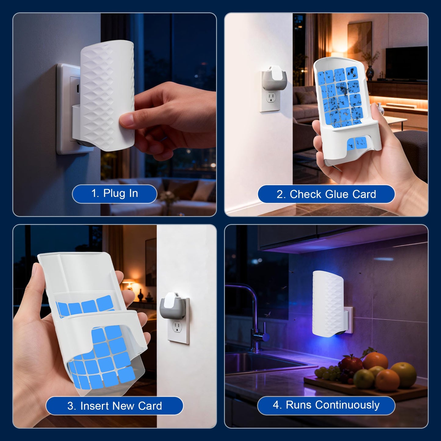 Flying Insect Trap for Indoors, Plug-in Fly Trap Bug Catcher for Gnats, Fruit Flies & House Flies, Upgraded Blue UV Light Trap with Sticky Cards, Silent & Mess-Free, 1 Device + 5 Refill