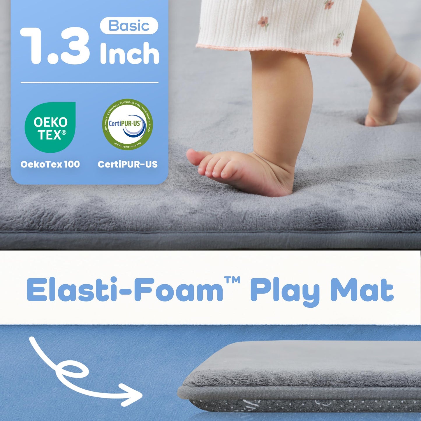 PAPAMAT 1.3" Thick Baby Floor Play Mat 79x158, Basic Padded Foam Mat for Tummy Time Crawling, Non Slip Cushioned for Babies Toddlers Infants Kids (Light Grey)