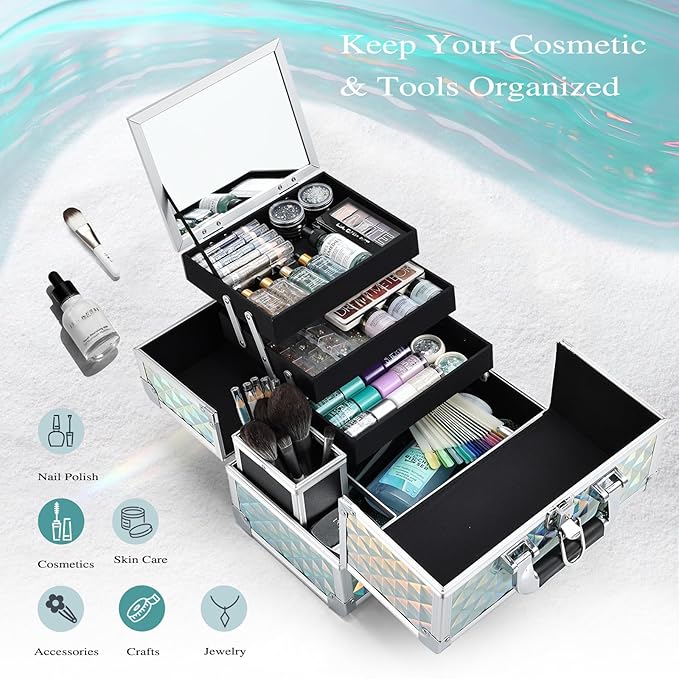 Joligrace Makeup Box 11.6-Inch Cosmetic Train Case for Women Travel Jewelry Organizer with Compartments & Mirror Portable Lockable Make-up Trunk Turquoise