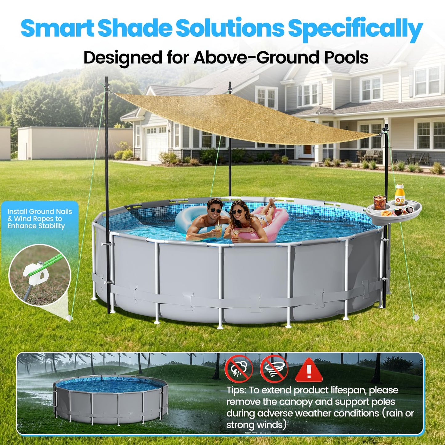 Vidoya Pool Shade Set for 11-16 Ft Above Ground Pools - UV-Resistant Shade Sail Triangular 10'x10'x10' with Storage Tray, Outdoor Sun Shade Canopy with Poles for Deck, Patio, Garden, Pool Accessories