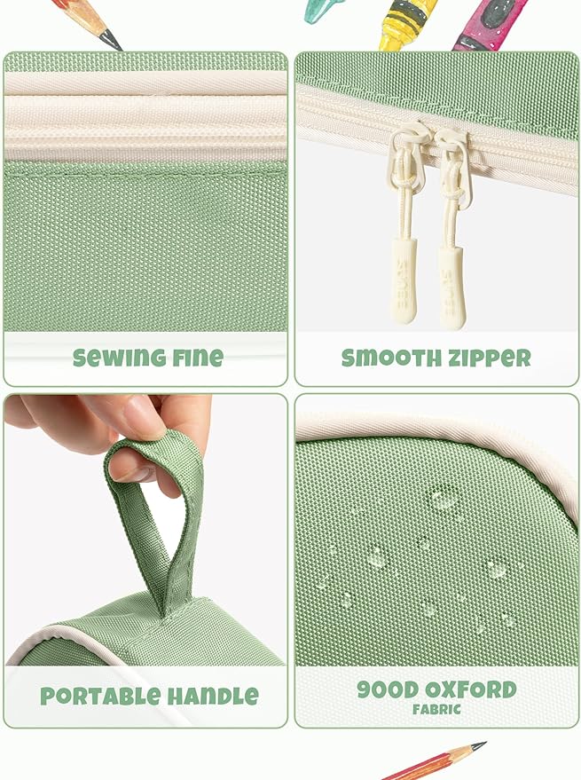 SUNEE Cute Pencil Case, Large Pencil Pouch, Aesthetic Big Pencil Bag with Zipper, Kawaii Stationery Storage and Organizer, School Supplies for Boys and Girls Teen, Heavy Duty Oxford Canvas, Sage Green