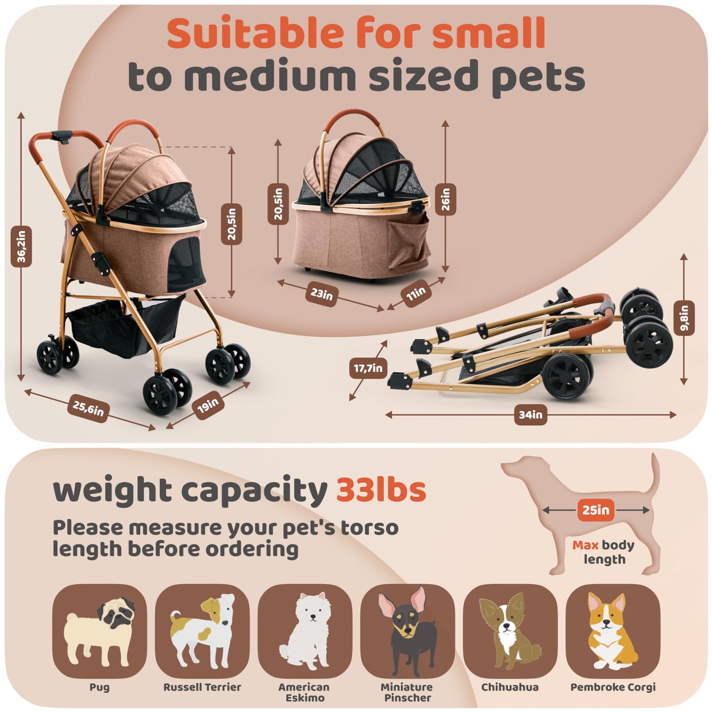 Pet Stroller for Small Medium Dogs & Cats – 2-in-1 Detachable Carrier, Zipperless Entry, Lightweight Folding Travel Stroller with Storage Basket, Cup Holder, Brown