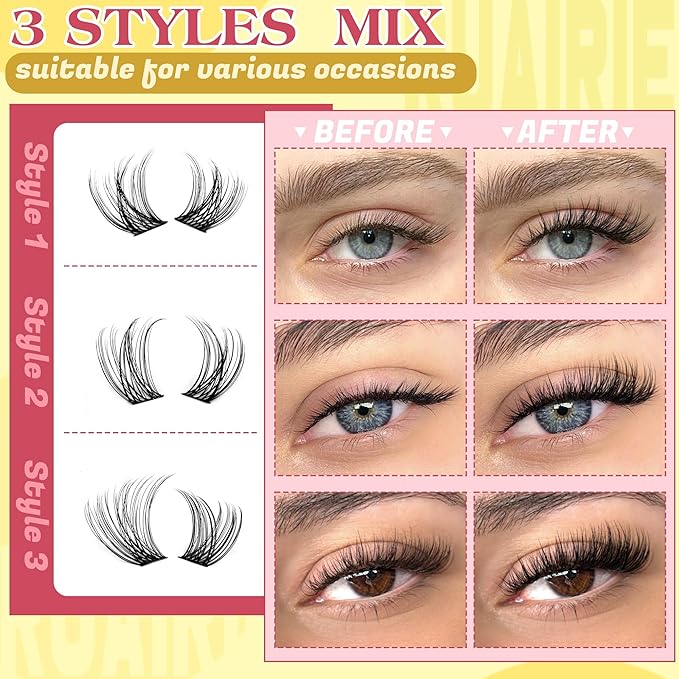 Natural Lash Clusters Wispy Eyelash Clusters 3 Styles 10-16MM Cluster Eyelash Extensions CD Curly Individual Lashes 140pcs DIY Lash Extensions with Soft Thin Band