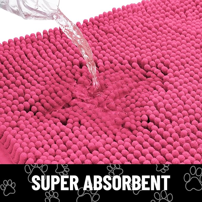 Smiry Dog Door Mat for Muddy Paws, Absorbent Dirt Trapper Non Slip Quick Dry Washable Chenille Mat for Mud Dogs, Entry Rug for Indoor and Outdoor (30x20 Inches, Hot Pink and White)