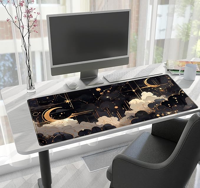 Black and Gold Celestial Desk Mat XXL Extended Gaming Mouse Pad Large Mousepad with Stitched Edges, Laptop Computer Keyboard Mouse Mat Desk Pad for Work Game Office Home Desk Decor 31.5x15.75 in