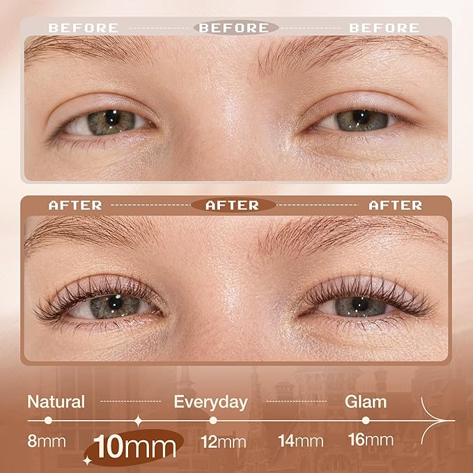 10MM Brown Lash Clusters Wispy Eyelash Extensions with Flexible Clear Band & C Curl, Reusable Natural Cluster Lash Extensions for Everyday Natural & Clean Girl Look