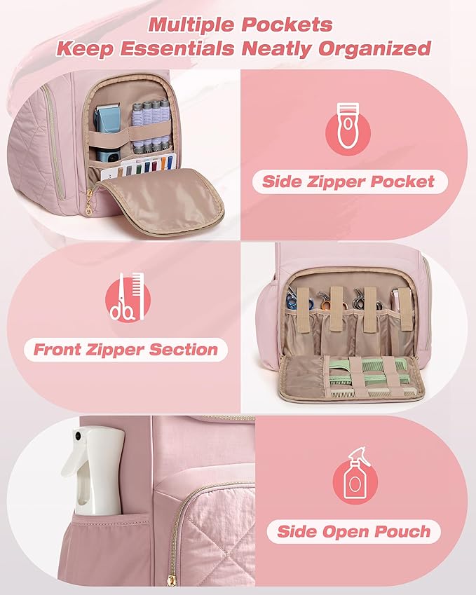 Insulated Hairstylist Travel Bag Backpack with Detachable Dividers and Multiple Pockets, Quilted Hair Tool Travel Bag with Multiple Pockets for Hairstylist and Barber, Pink