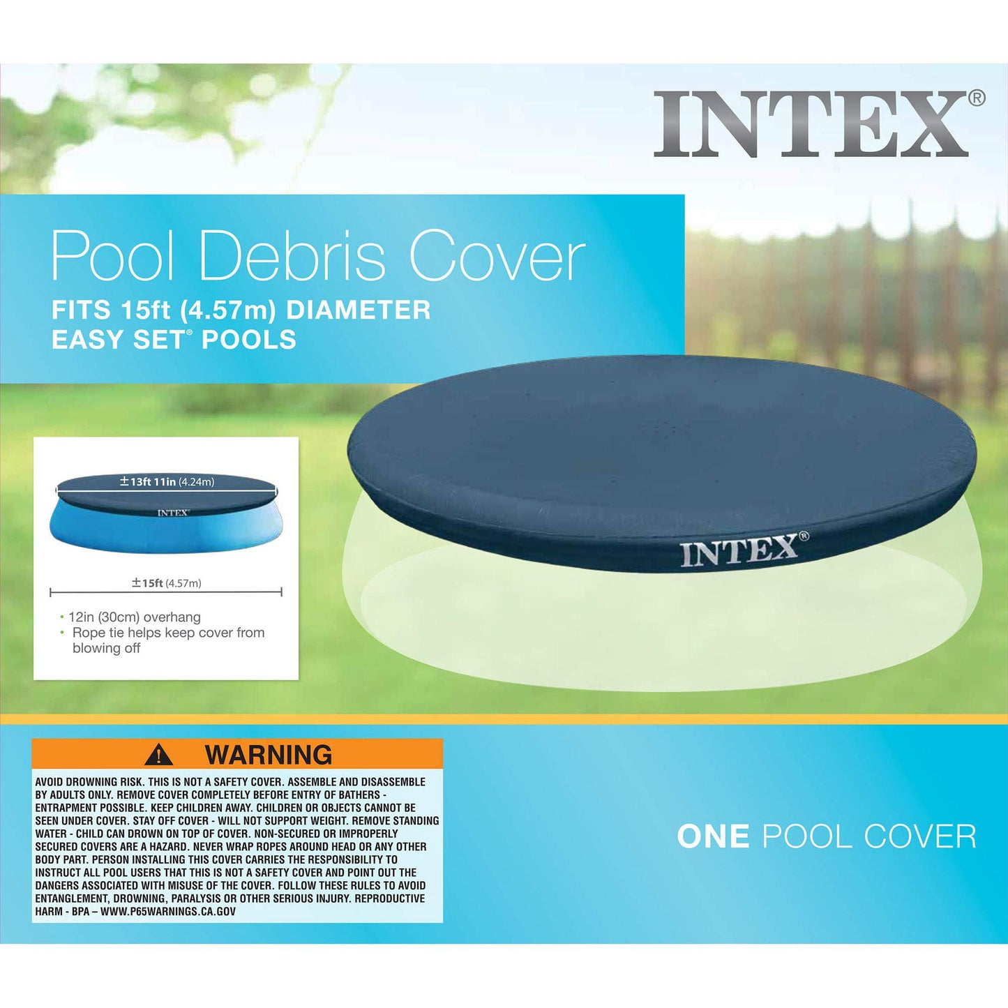 INTEX 28023E Pool Cover: for 15ft Round Easy Set Pools – Includes Rope Tie – Drain Holes – 12in Overhang – Snug Fit