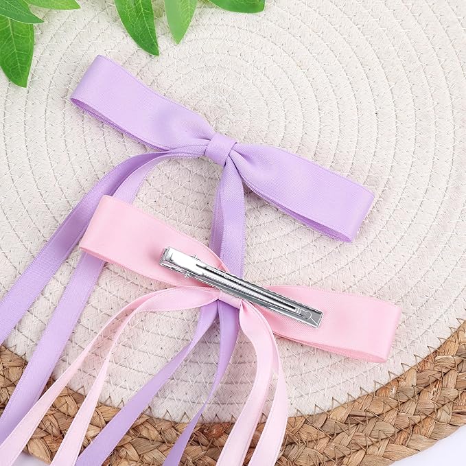 Hair Bows Clips Coquette Ribbon Bowknot with Long Tail Princess Hair Bows French Barrettes Hair Accessories for Women Girls 16PCS (Rose red, Dark Blue, Purple, Pink)