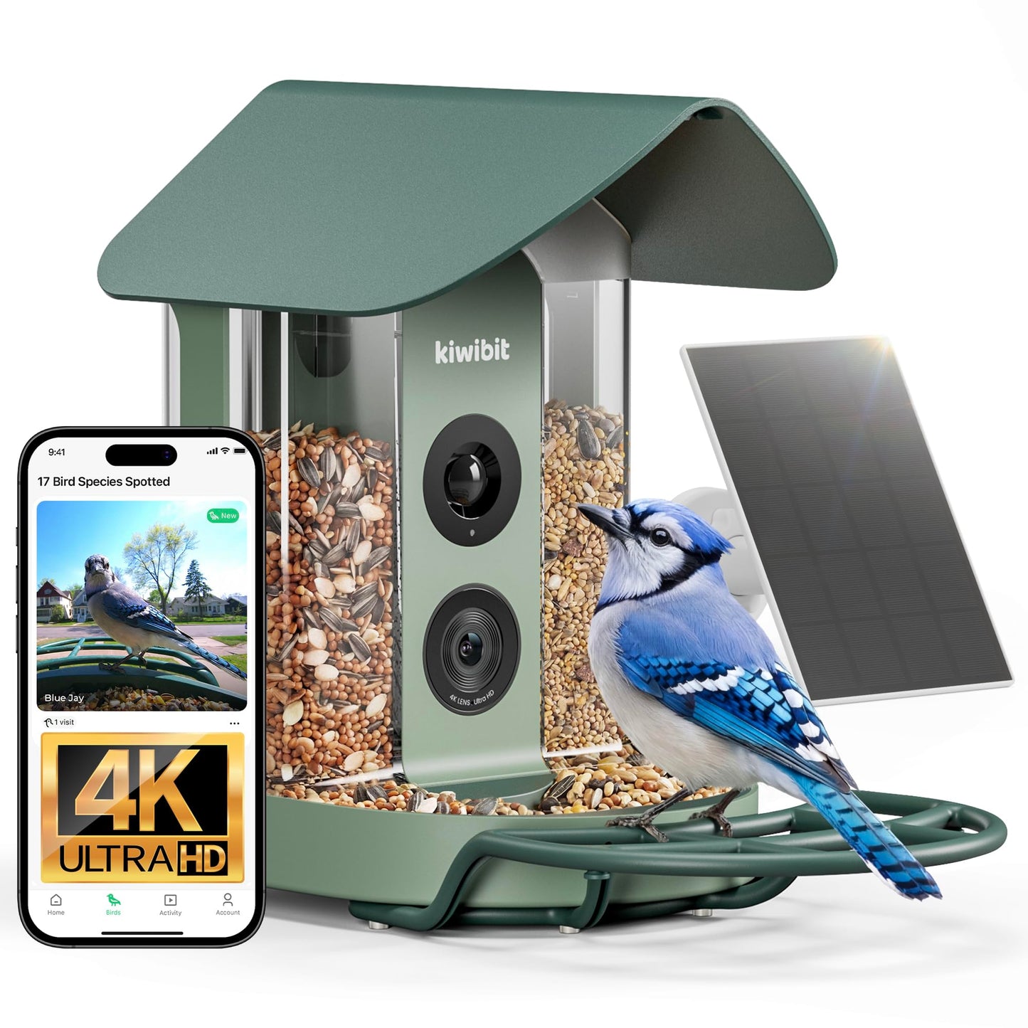 Kiwibit Smart Bird Feeder with Camera, Solar Powered for Outdoors, Bird Species AI Identification, 8MP Photos, 4K Video Livestream, Real-Time Bird Alerts, Birdwatching Gifts for Bird Lovers, Sage Pine