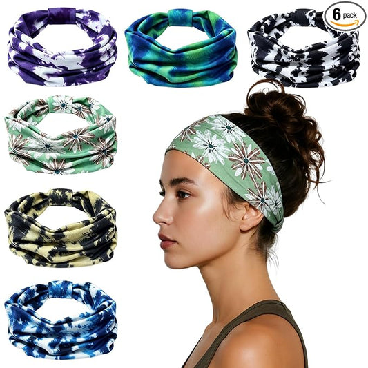 HSEM Sports Headbands for Women – 6 Pack Stretchy Non-Slip Wide Hair Bands – Soft Thick Elastic Sweatbands for Workout, Washing Face, Makeup, Running, Spa & Daily Fashion 1 Green Floral 5 Mixed 2-10