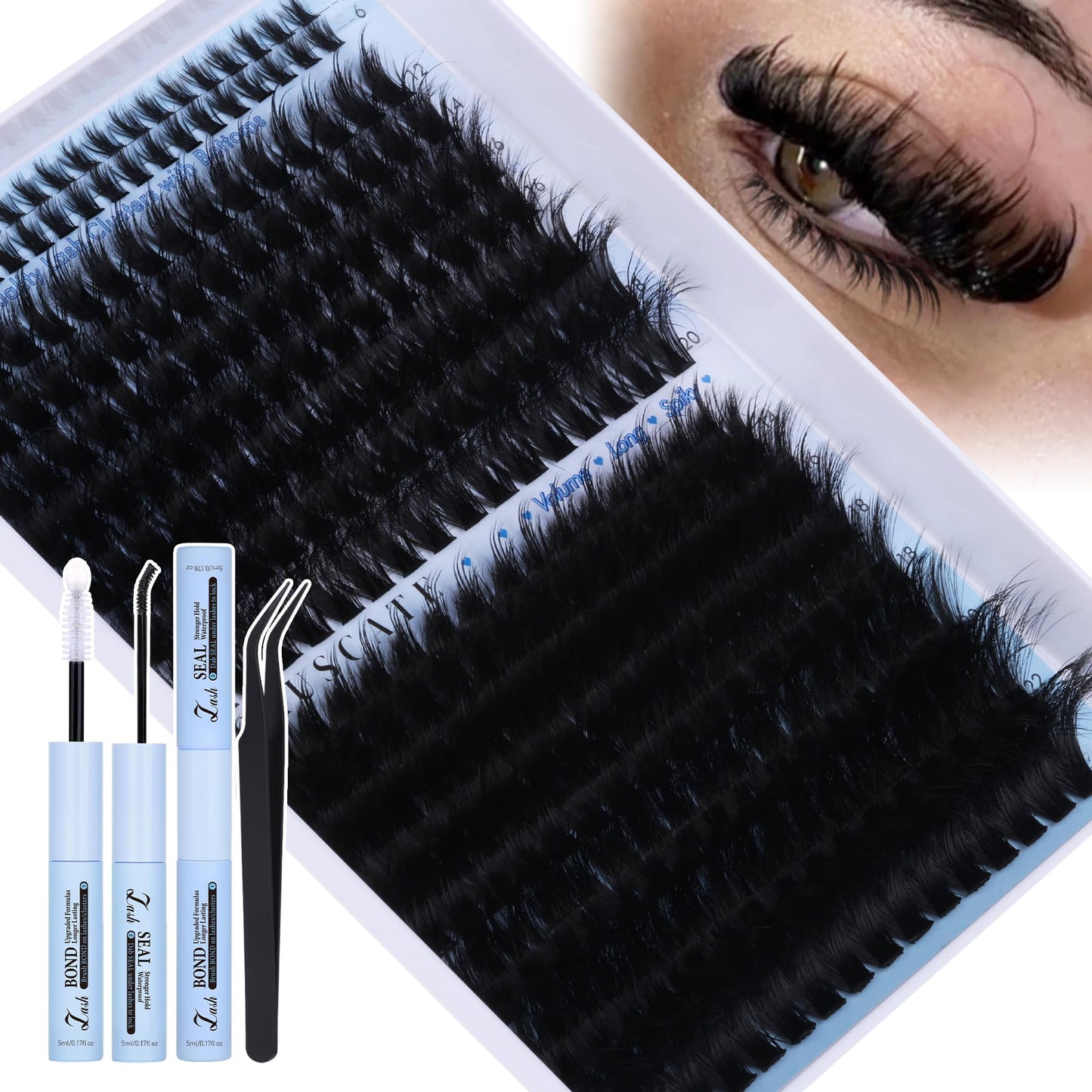 CORUSCATE Lash Clusters Kit with Bottom Lash Extension Kit Thick 160D+260D Cluster Eyelash Extensions Volume Individual Lashes 12-22mm Cluster Lashes Mega Dramatic Style with Lash Bond and Seal Glue