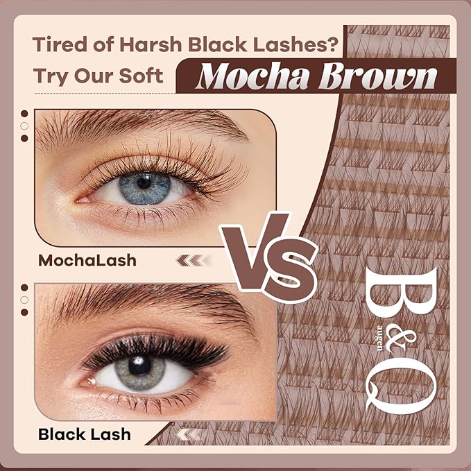 B&Q Brown Lash Clusters Kit Natural Mochalash Clusters 03, Wispy Eyelash Clusters Kit C-Curl Cluster Eyelash Extensions 8-16mm Brown Lash Eyelashes Kit for Fair/Dark Hair(Mochalash 03 Set)