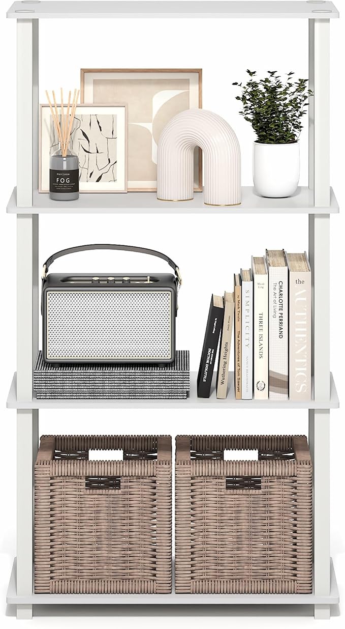 Furinno Turn-S-Tube Storage Shelves, 4-Tier Book Shelf, Corner Shelf, Toolless Open Frame Standing Shelves, for Organization and Storage, Living Room, Garage, Home Office, White