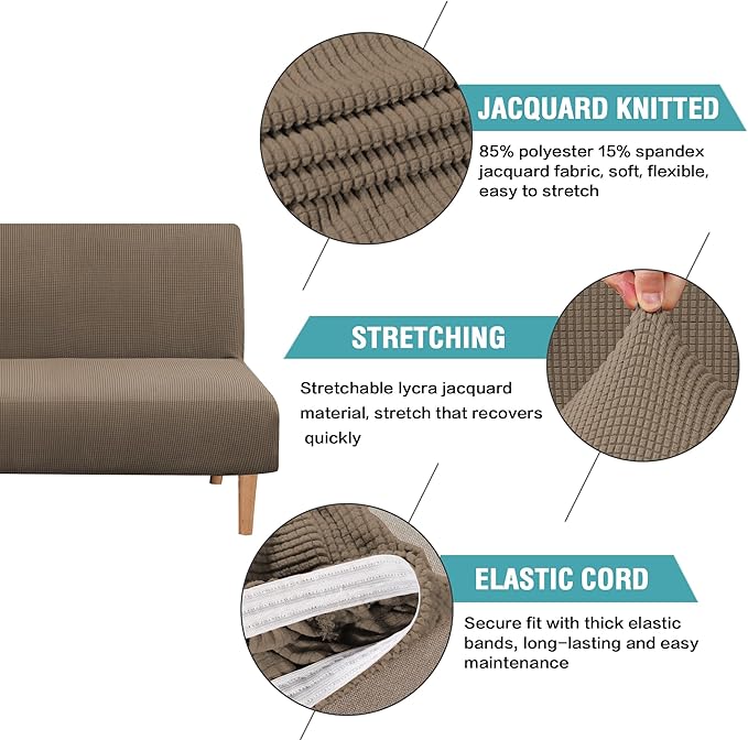 H.VERSAILTEX Armless Futon Cover Stretch Sofa Bed Slipcover Protector Elastic Feature Rich Textured High Spandex Small Checks Jacquard Fabric Futon Cover, Machine Washable, Macchiato