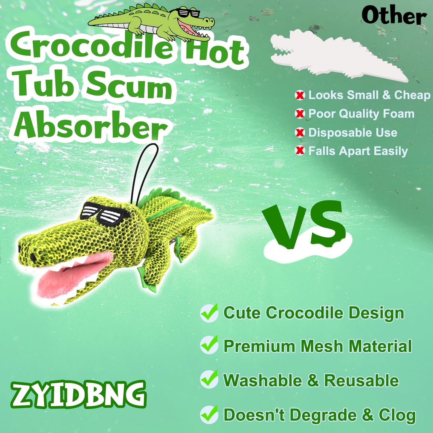 ZYIDBNG Crocodile Hot Tub Scum Absorber Reusable Washable Hot Tub Sponge Scum Absorber for Spa Hot Tub Oil Scum Absorber Hot Tub Accessories for Adults (2 Pack, Crocodile)