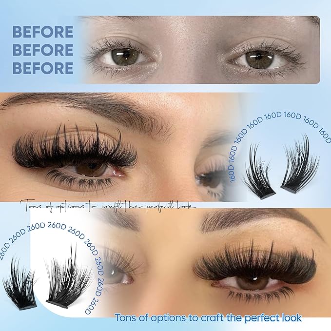 CORUSCATE Lash Clusters Kit with Bottom Lash Extension Kit Thick 160D+260D Cluster Eyelash Extensions Volume Individual Lashes 12-22mm Cluster Lashes Mega Dramatic Style with Lash Bond and Seal Glue