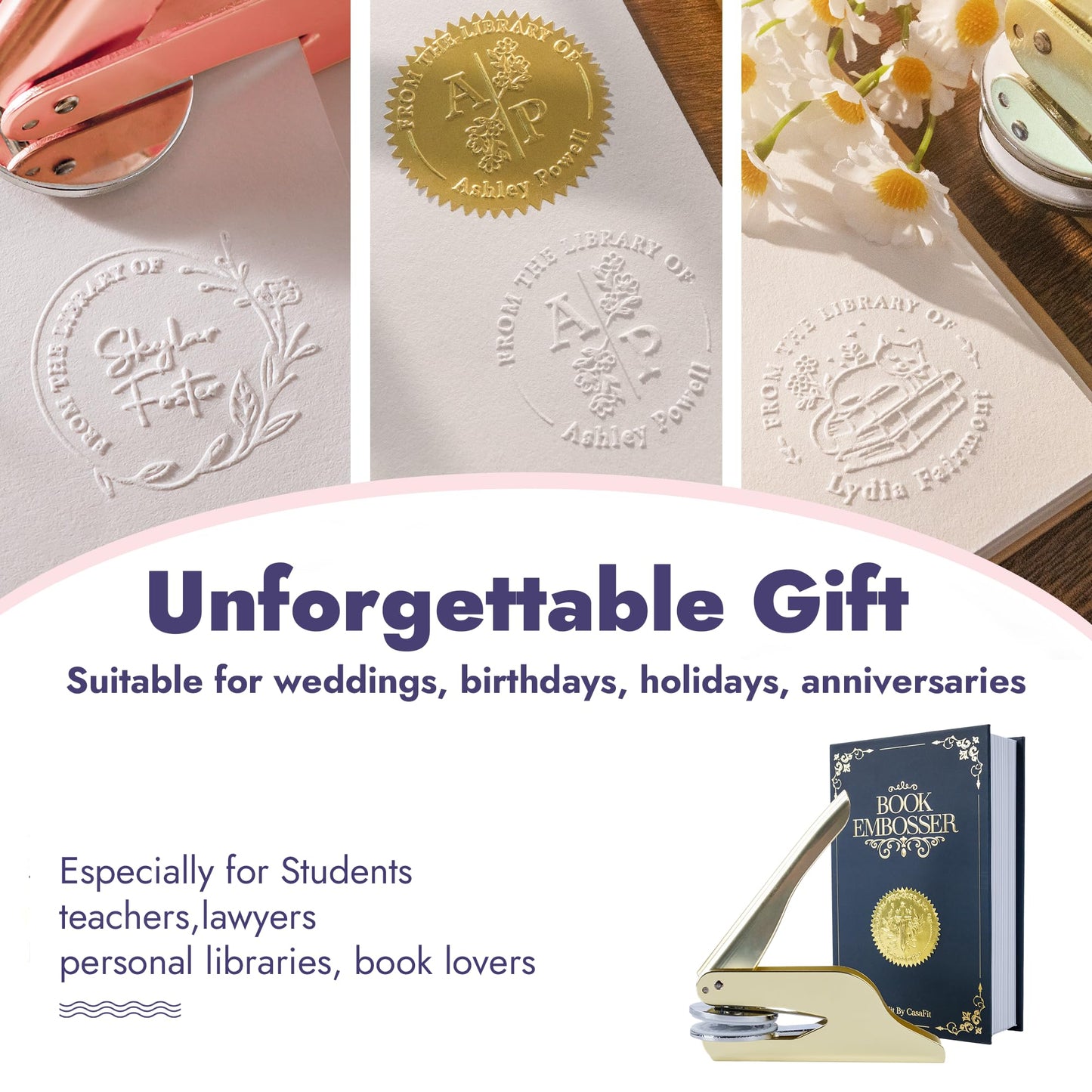 CASAFIT Book Embosser Personalized, Custom Stamp - Library Stamp Personalized Gift Set for Book Lovers | Women | Teachers | Wedding | Friends