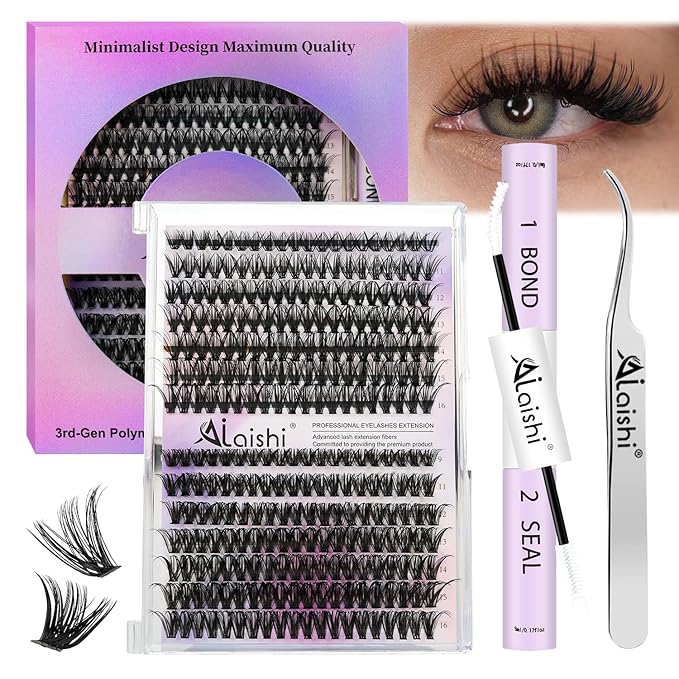 Lash Clusters Kit, DIY Cluster Eyelash Extensions 9‑16mm, 40D+50D, 280pcs, D Curl Natural Volume Lashes with Bond & Seal,Tweezers–Fake Cat Eye Wispy Individual Clusters