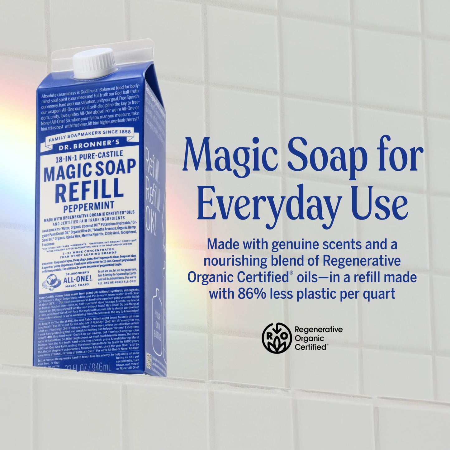 Dr. Bronner's Pure-Castile Liquid Magic Soap Refill - Made with Regenerative Organic Certified Oils, 86% Less Plastic - 18-in-1 Uses for Face, Body Wash, Hand Soap Refill & More - Peppermint, 32oz