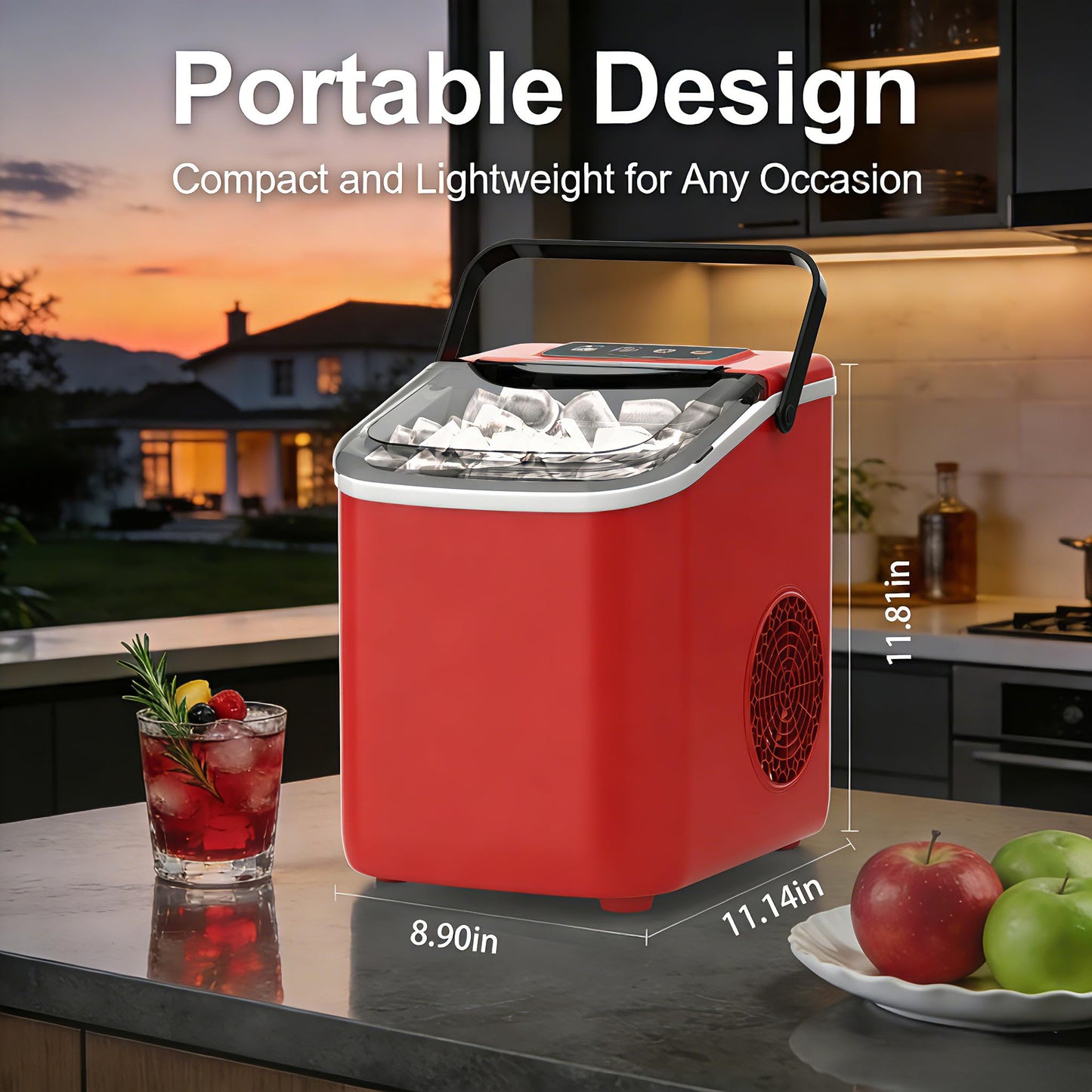 Bayany Countertop Ice Maker with Handle, 26lbs/24H, Small Portable Self-Cleaning Ice Machine with Basket and Scoop, 9 Bullet-Shaped Ice Cubes in 6 Mins for Home Kitchen, Parties, Camping