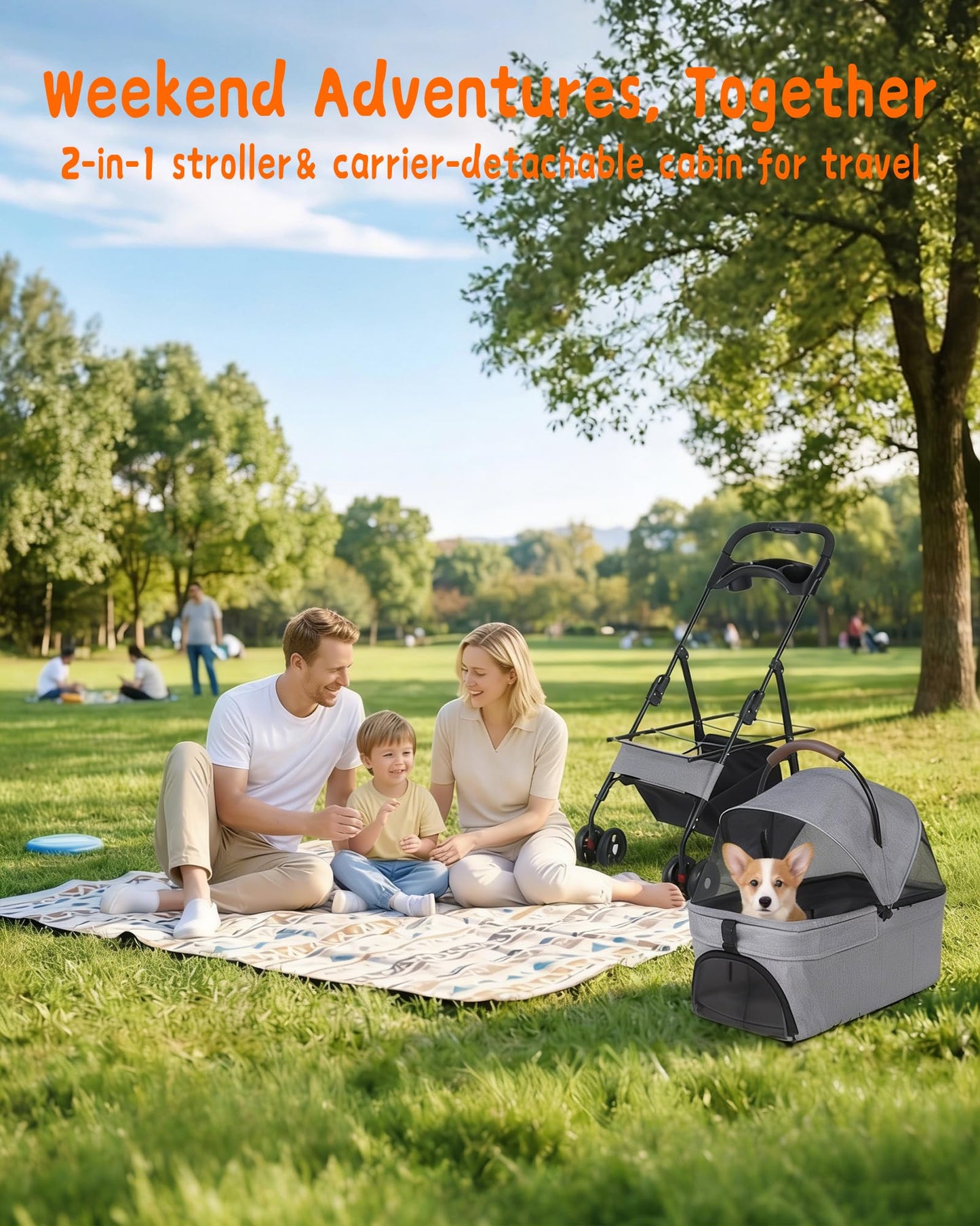 Pet Stroller with Removable Carrier, 35lbs Capacity - One-Click Foldable Dog Stroller, Cat Carrier & All-Terrain Wheels, Compact Travel Pet Stroller for Small to Medium Pets-Gray
