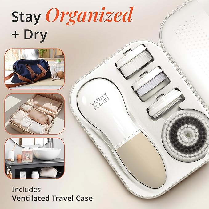 Vanity Planet Raedia Facial Cleansing Brush - Electric Facial Cleansing Brush with 4 Exfoliating Brush Heads - Waterproof, Handheld, Lightweight for Face Scrubber and Exfoliating Face - Warm Grey