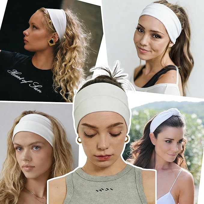 2 Pack White Wide Headbands for Women - Thick Stretchy Non Slip Fabric Sweat Bands, Soft Hair Bands for Workout, Running, Spa, Makeup & Washing Face