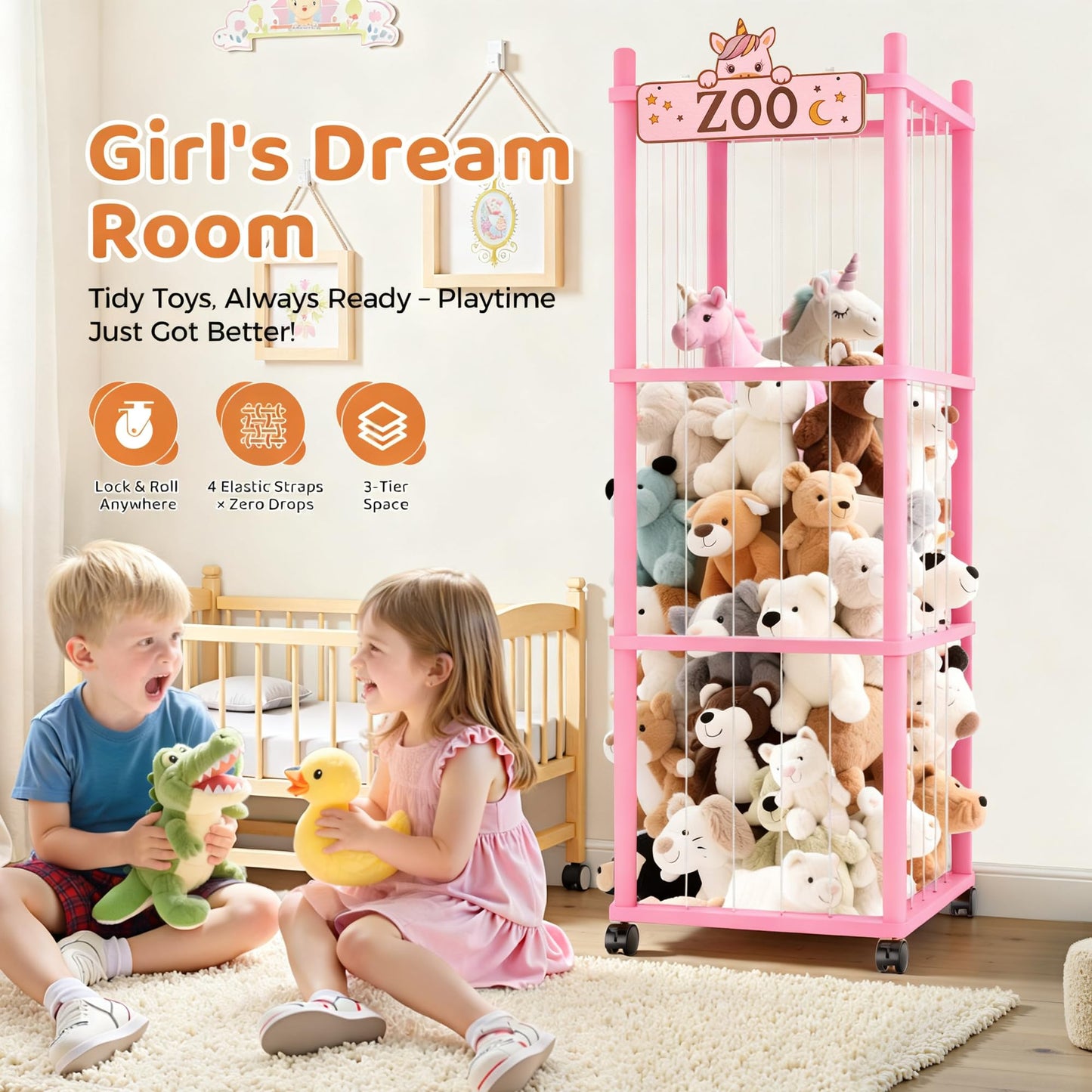 Vecxoty Stuffed Animal Storage Zoo Tower,56In Wooden Large Stuffed Animal Holder Organizer with Wheels,Stuffy Plushies Storage with Elastic Band&Mesh Bottom,Toy Organizers for Playroom Nursery（Pink）