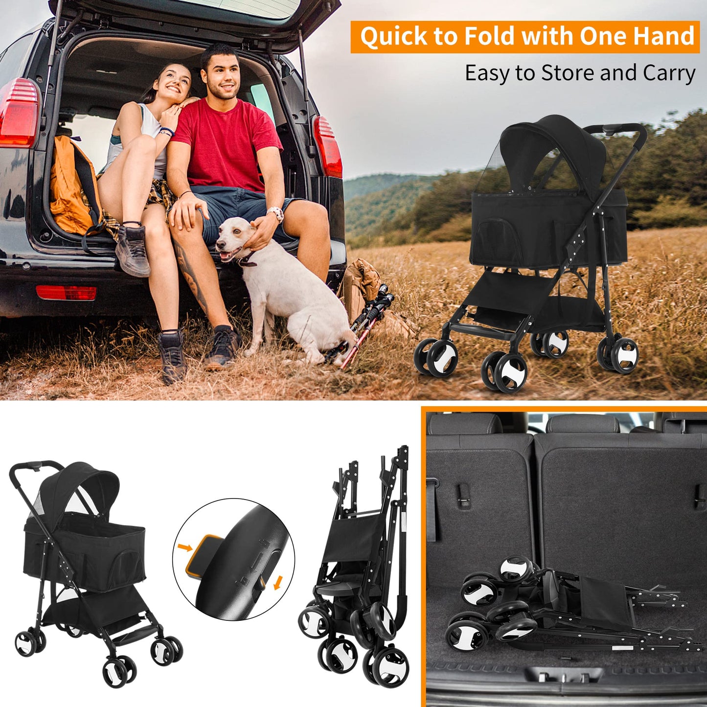 BLKMTY Dog Stroller 3-in-1 Folding Pet Stroller 4 Wheels Cat Strollers w/Storage Basket Dog Carrier Trolley One-Button Switch Travel Strollers with Safety Belt Detachable Carrier, Black