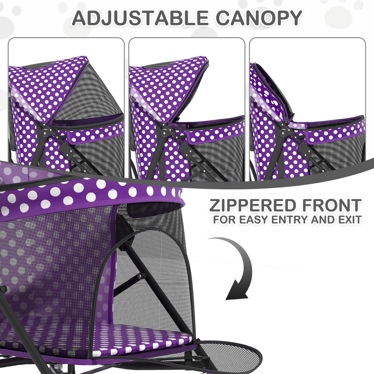 MoNiBloom 4 Wheels Pet Stroller, Easy-Fold Umbrella Shaped Dog Cat Jogger Stroller w/Storage Bag & Visible Mesh for Small/Medium Dogs Cats Purple Polka Dots