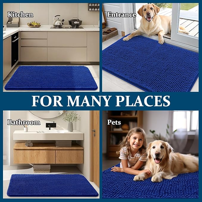 OLANLY Dog Door Mat for Muddy Paws 54x24, Absorbs Moisture and Dirt, Absorbent Non-Slip Washable Doormat, Quick Dry Chenille Mud Mat for Dogs, Entry Indoor Entryway Carpet for Inside Floor, Royal Blue
