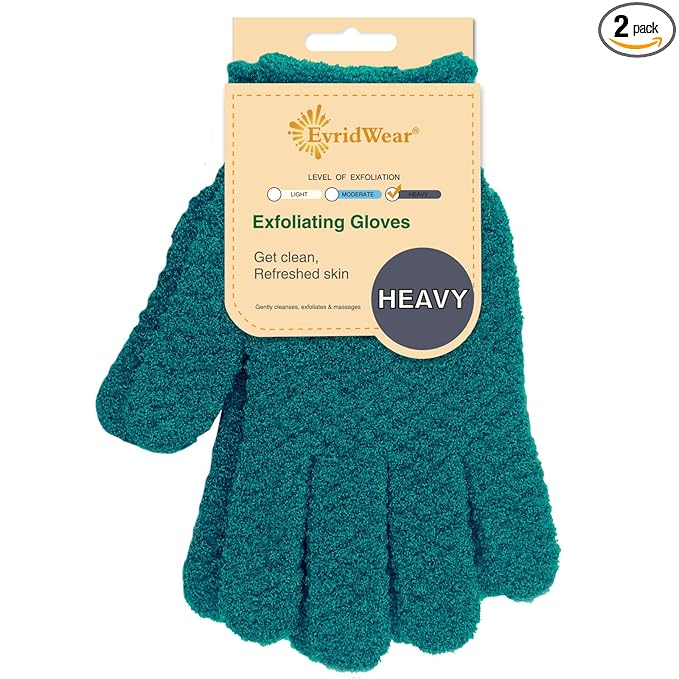 Evridwear Exfoliating Dual Texture Bath Gloves for Shower, Spa, Massage and Body Scrubs, Dead Skin Cell Remover, Gloves with Hanging Loop (1 Pair Deep Lake Heavy Glove)