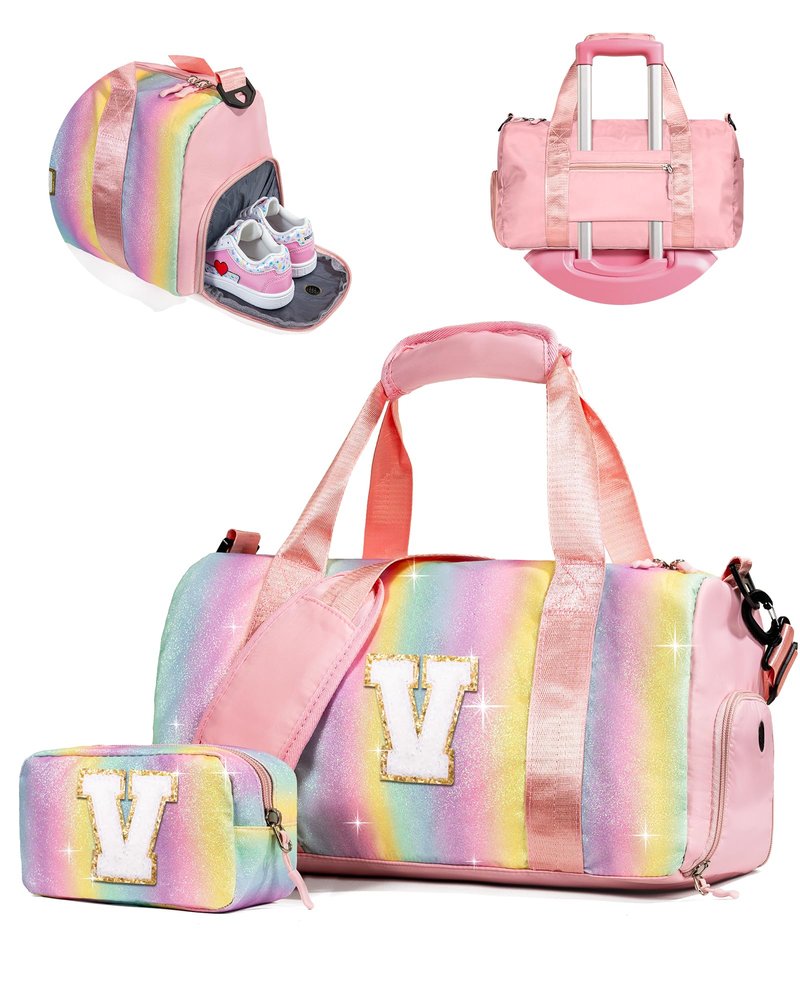 Vogewood 7 Year Old Girl Gifts-Girl Gym Bag with Shoe Compartment, Kid Personalized Weekender Overnight Bags, Initial Travel Tote with Makeup Pouch, Girls Kids Gift (Letter V)