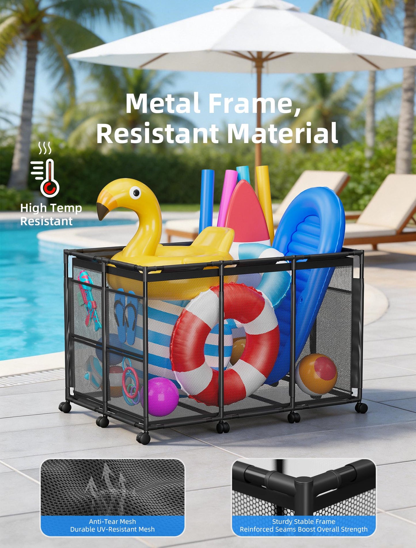 Kompoll Pool Float Storage - Rolling Mesh Pool Storage Bin for Noodles, Goggles, Floats & Balls, XXL Large Outdoor Pool Toy Organizer with Wheels for Swimming Accessories, Black